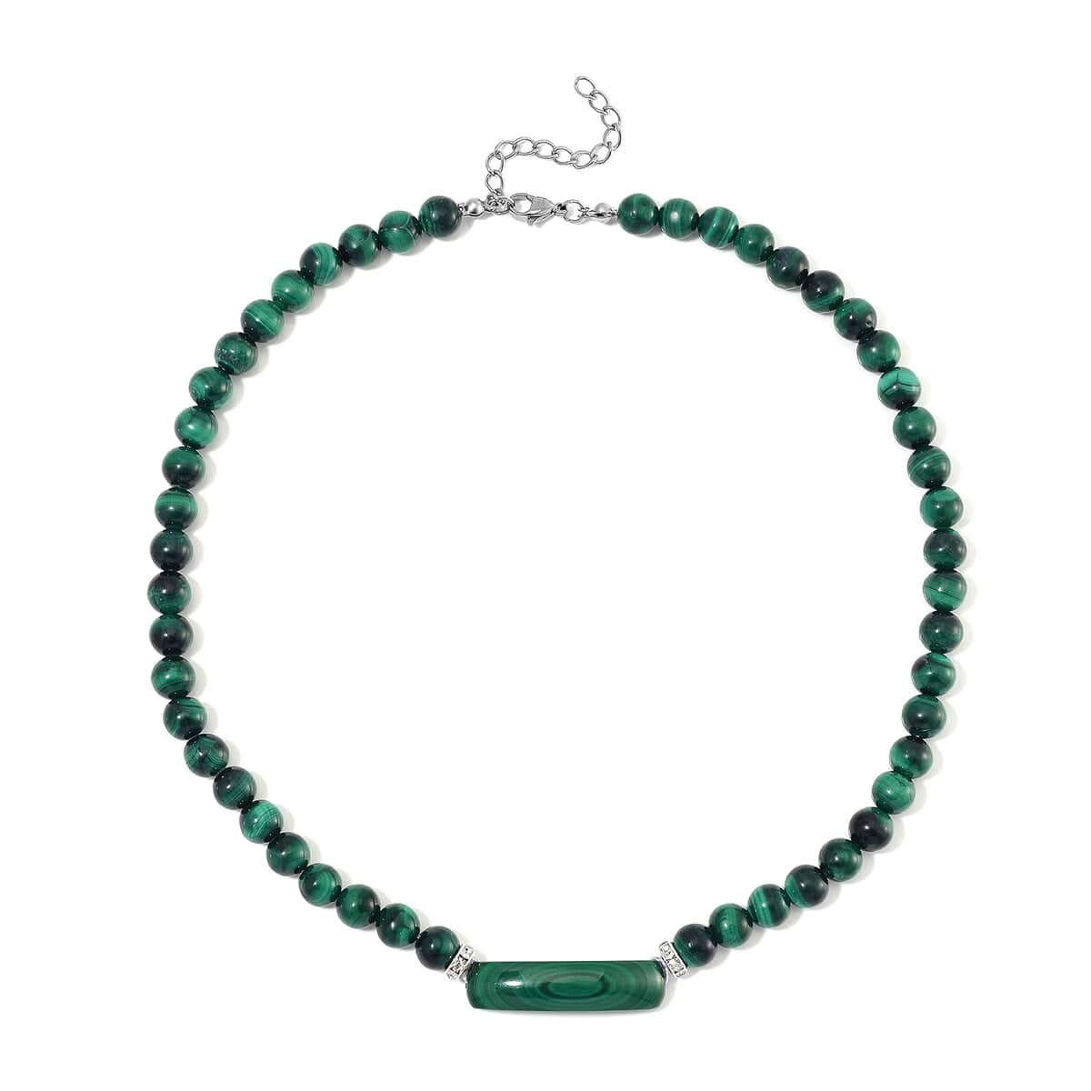 African Malachite and Austrian Crystal 320.00 ctw Beaded with Fancy Bar Necklace in Stainless Steel 18-20 Inches image number 2