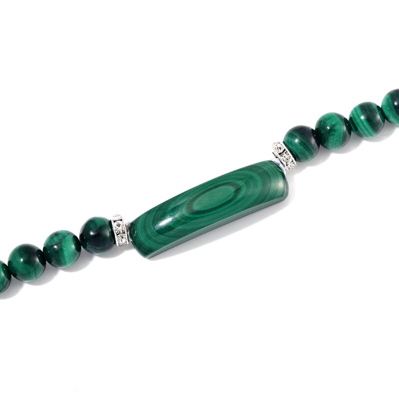 African Malachite and Austrian Crystal 320.00 ctw Beaded with Fancy Bar Necklace in Stainless Steel 18-20 Inches