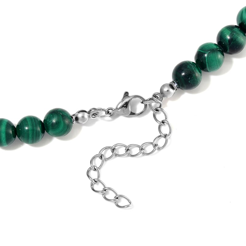 African Malachite and Austrian Crystal 320.00 ctw Beaded with Fancy Bar Necklace in Stainless Steel 18-20 Inches
