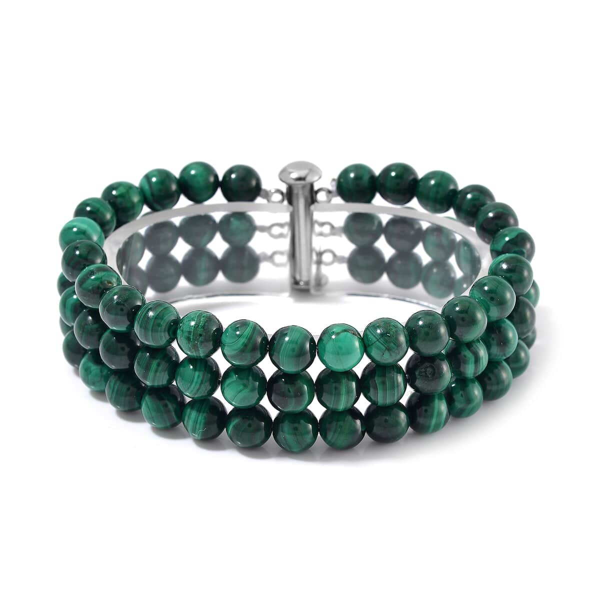 African Malachite 180.00 ctw 3 Row Beaded Bracelet in Stainless Steel (6.50 In) image number 0