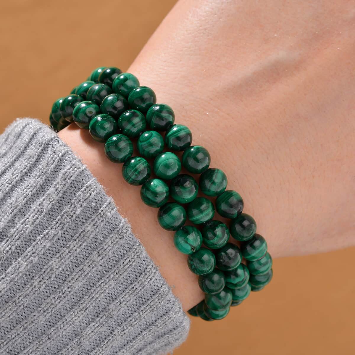 African Malachite 180.00 ctw 3 Row Beaded Bracelet in Stainless Steel (6.50 In) image number 1