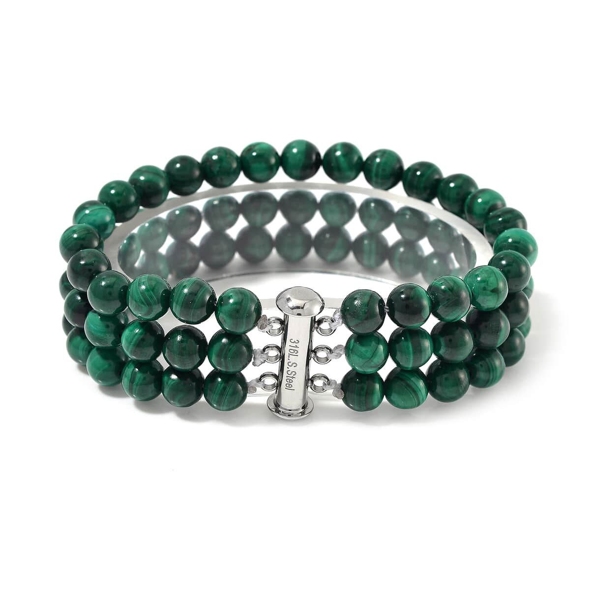 African Malachite 180.00 ctw 3 Row Beaded Bracelet in Stainless Steel (6.50 In) image number 2