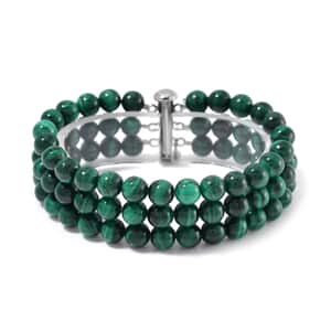 African Malachite 200.00 ctw 3 Row Beaded Bracelet in Stainless Steel (7.25 In)