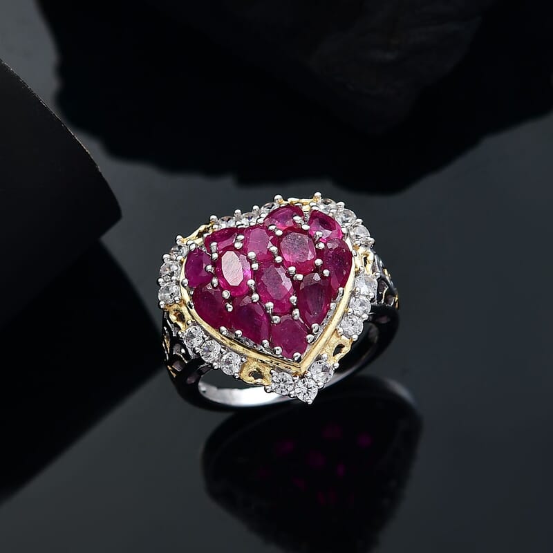 Niassa Ruby (FF) and White Zircon 4.50 ctw Heart Ring in 18K Vermeil YG and Rhodium Over Sterling Silver (Size 10.0)