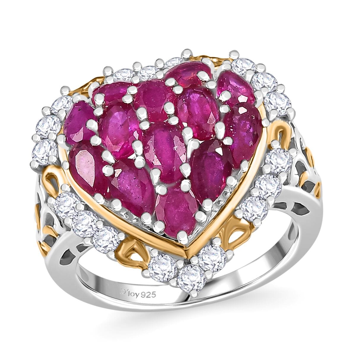 Niassa Ruby (FF) and White Zircon 4.50 ctw Heart Ring in 18K Vermeil YG and Rhodium Over Sterling Silver (Size 7.0) image number 0