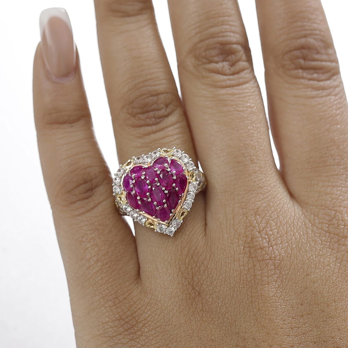 Niassa Ruby (FF) and White Zircon 4.50 ctw Heart Ring in 18K Vermeil YG and Rhodium Over Sterling Silver (Size 7.0) image number 2