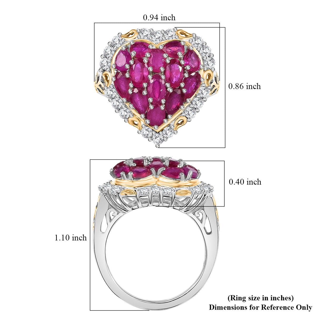 Niassa Ruby (FF) and White Zircon 4.50 ctw Heart Ring in 18K Vermeil YG and Rhodium Over Sterling Silver (Size 7.0) image number 5
