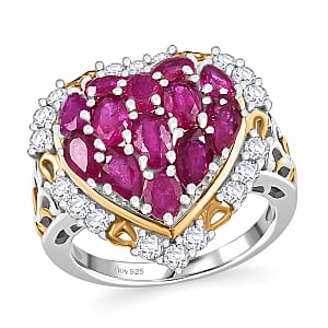 D'Joy Niassa Ruby (FF) and White Zircon 4.50 ctw Heart Ring in 18K Vermeil YG and Rhodium Over Sterling Silver (Size 8.0)