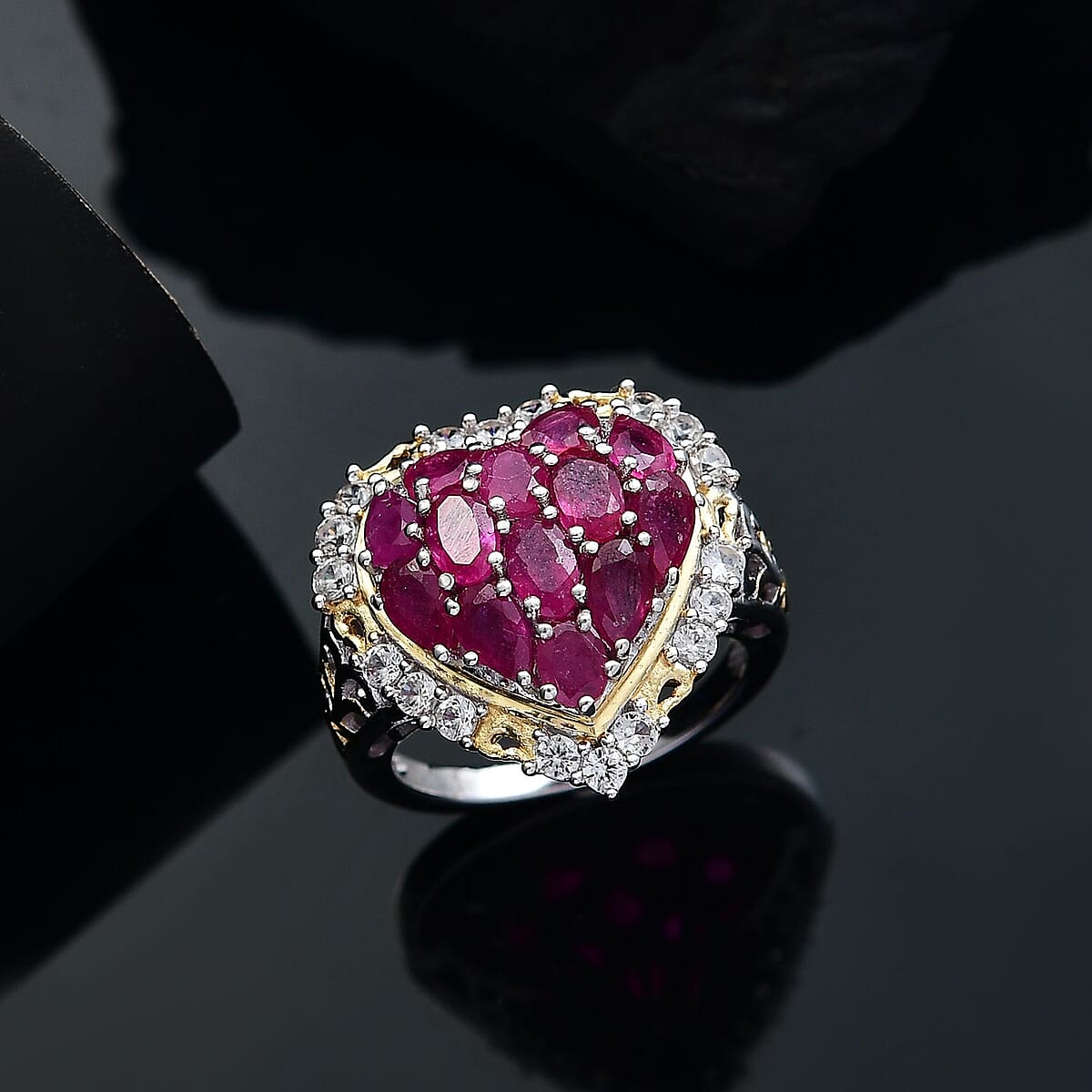 D'Joy Niassa Ruby (FF) and White Zircon 4.50 ctw Heart Ring in 18K Vermeil YG and Rhodium Over Sterling Silver (Size 8.0) image number 1