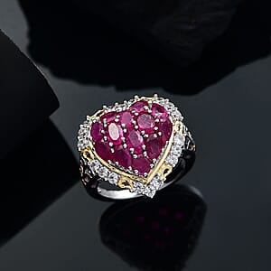 D'Joy Niassa Ruby (FF) and White Zircon 4.50 ctw Heart Ring in 18K Vermeil YG and Rhodium Over Sterling Silver (Size 8.0)