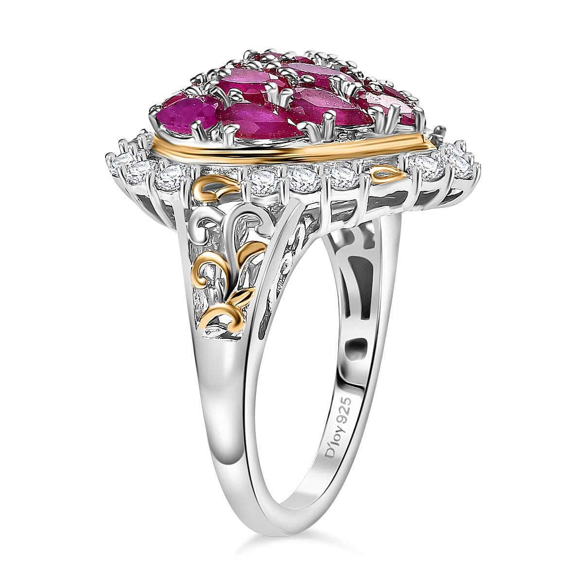 D'Joy Niassa Ruby (FF) and White Zircon 4.50 ctw Heart Ring in 18K Vermeil YG and Rhodium Over Sterling Silver (Size 8.0) image number 3