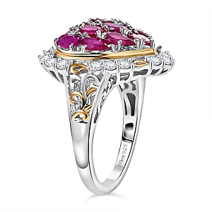 D'Joy Niassa Ruby (FF) and White Zircon 4.50 ctw Heart Ring in 18K Vermeil YG and Rhodium Over Sterling Silver (Size 8.0)