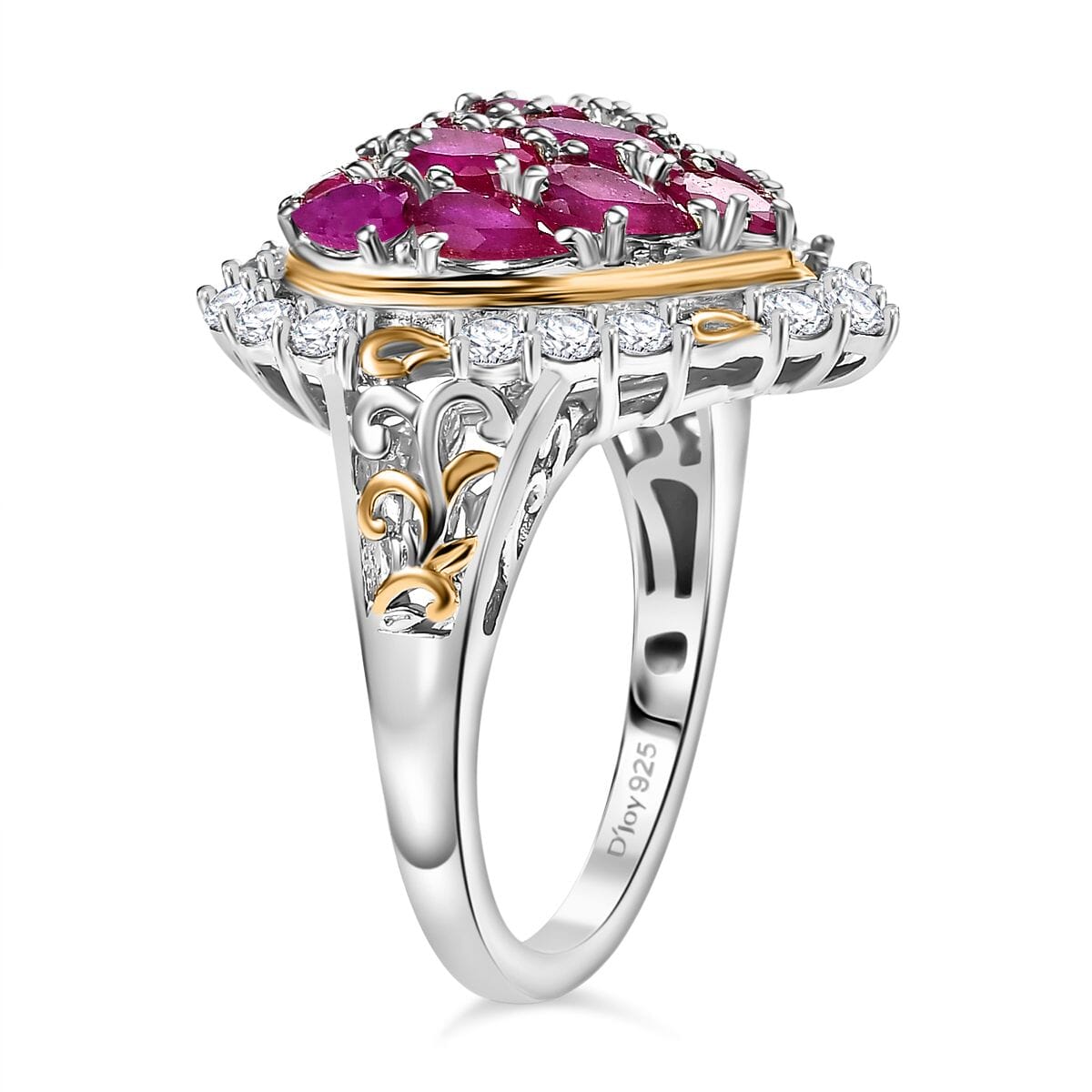 Niassa Ruby (FF) and White Zircon 4.50 ctw Heart Ring in 18K Vermeil YG and Rhodium Over Sterling Silver (Size 9.0) image number 3