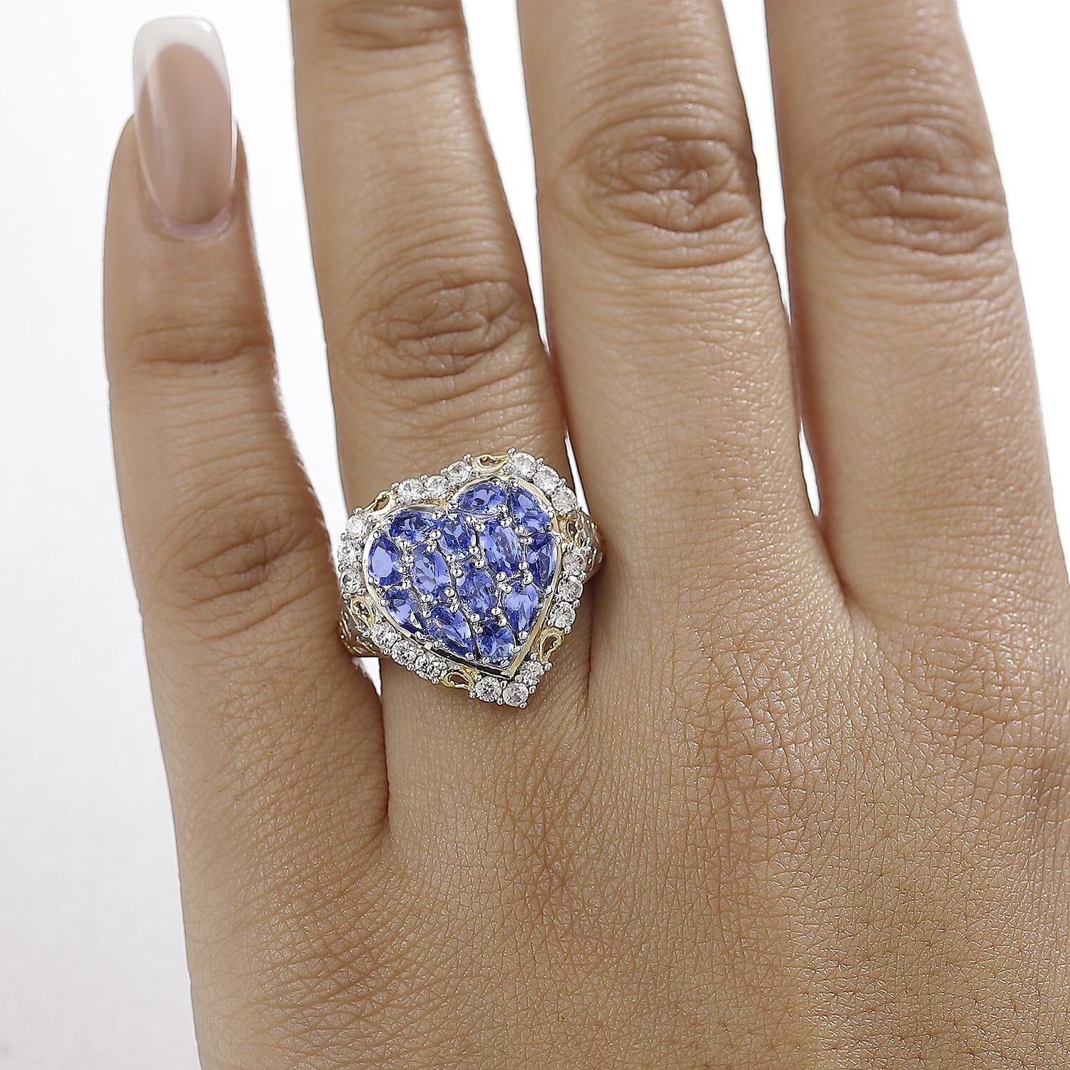D'Joy Tanzanite and White Zircon 3.50 ctw Heart Ring in 18K Vermeil YG and Rhodium Over Sterling Silver (Size 7.0)