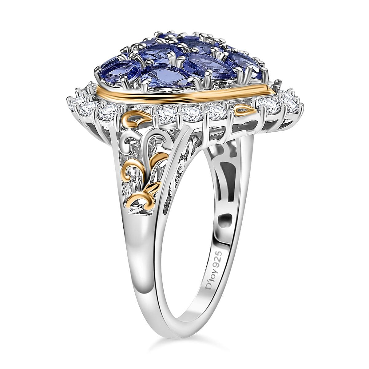 D'Joy Tanzanite and White Zircon 3.50 ctw Heart Ring in 18K Vermeil YG and Rhodium Over Sterling Silver (Size 7.0)