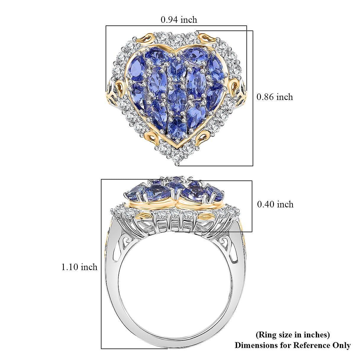 D'Joy Tanzanite and White Zircon 3.50 ctw Heart Ring in 18K Vermeil YG and Rhodium Over Sterling Silver (Size 7.0)