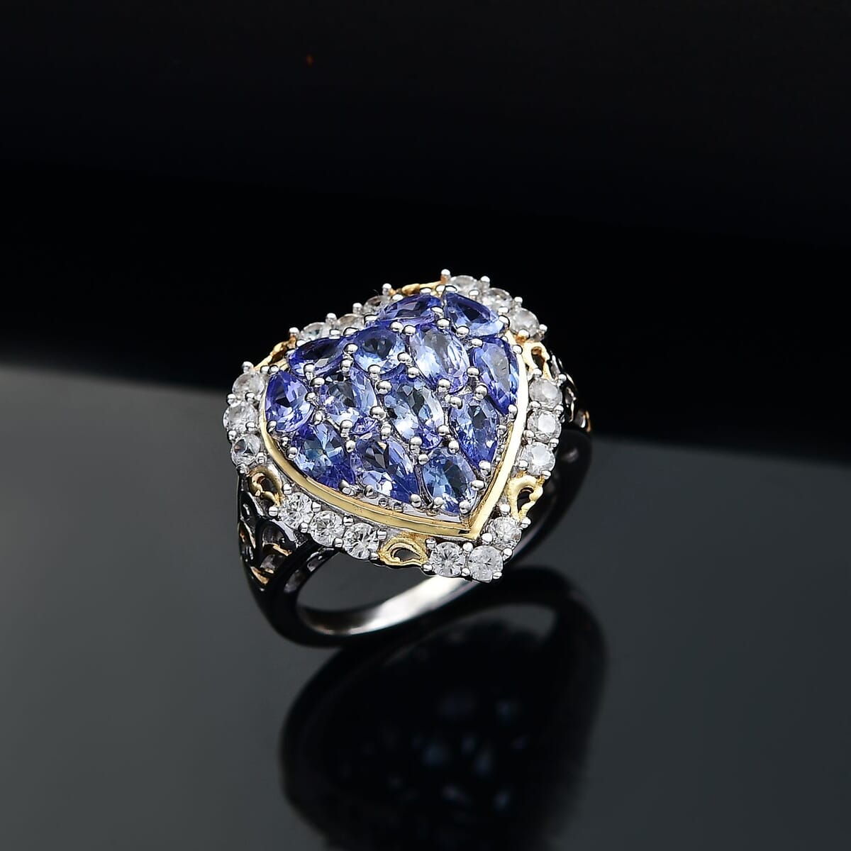 Tanzanite and White Zircon 3.50 ctw Heart Ring in 18K Vermeil YG and Rhodium Over Sterling Silver (Size 8.0) image number 1