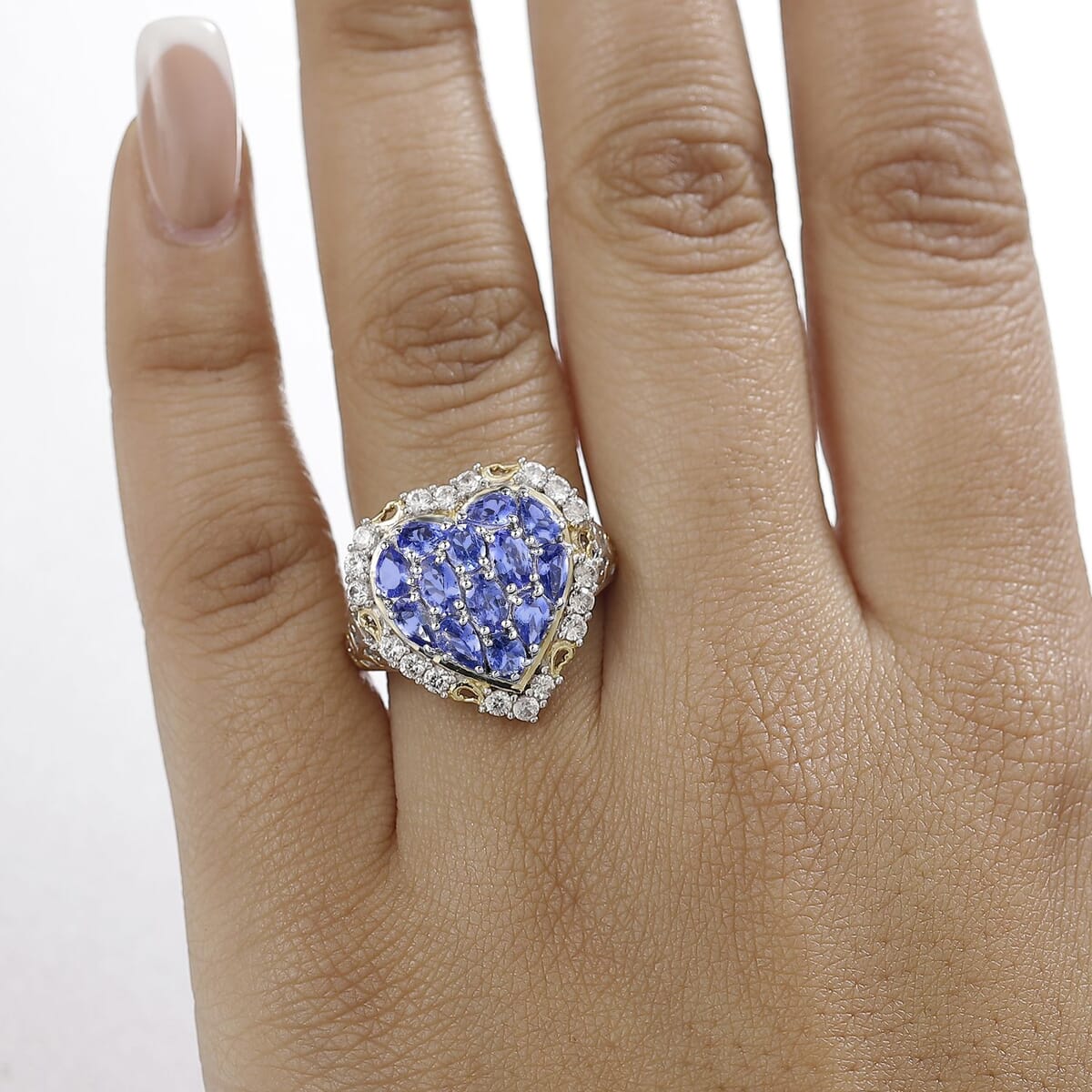 Tanzanite and White Zircon 3.50 ctw Heart Ring in 18K Vermeil YG and Rhodium Over Sterling Silver (Size 8.0) image number 2