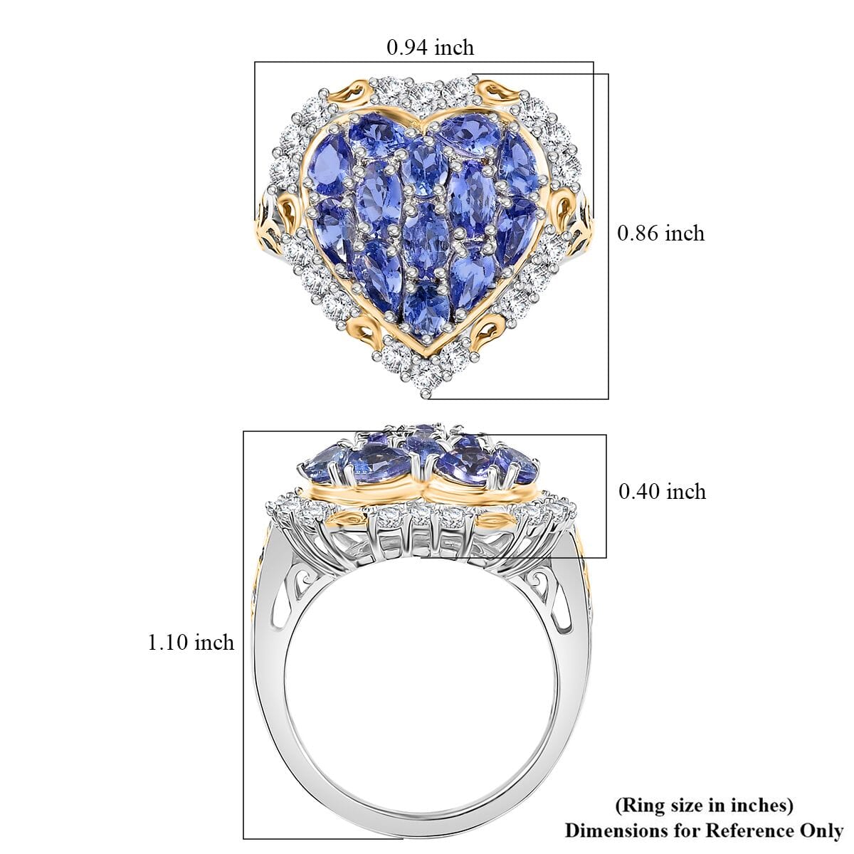Tanzanite and White Zircon 3.50 ctw Heart Ring in 18K Vermeil YG and Rhodium Over Sterling Silver (Size 8.0) image number 5