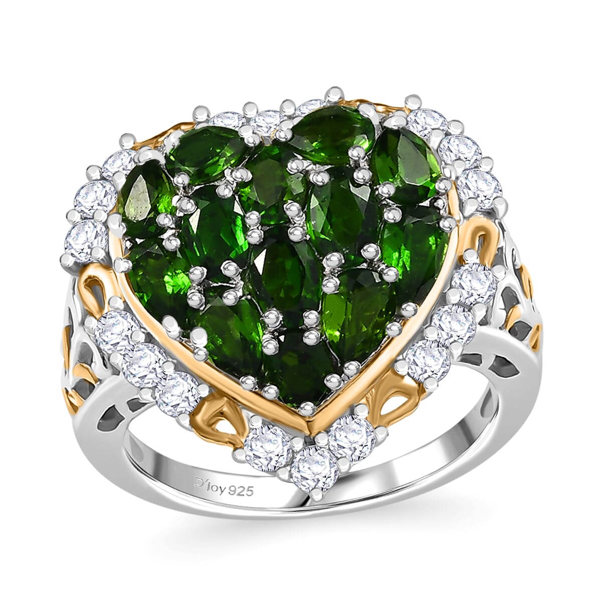 Chrome Diopside and White Zircon 3.70 ctw Heart Ring in 18K Vermeil YG and Rhodium Over Sterling Silver (Size 5.0) image number 0