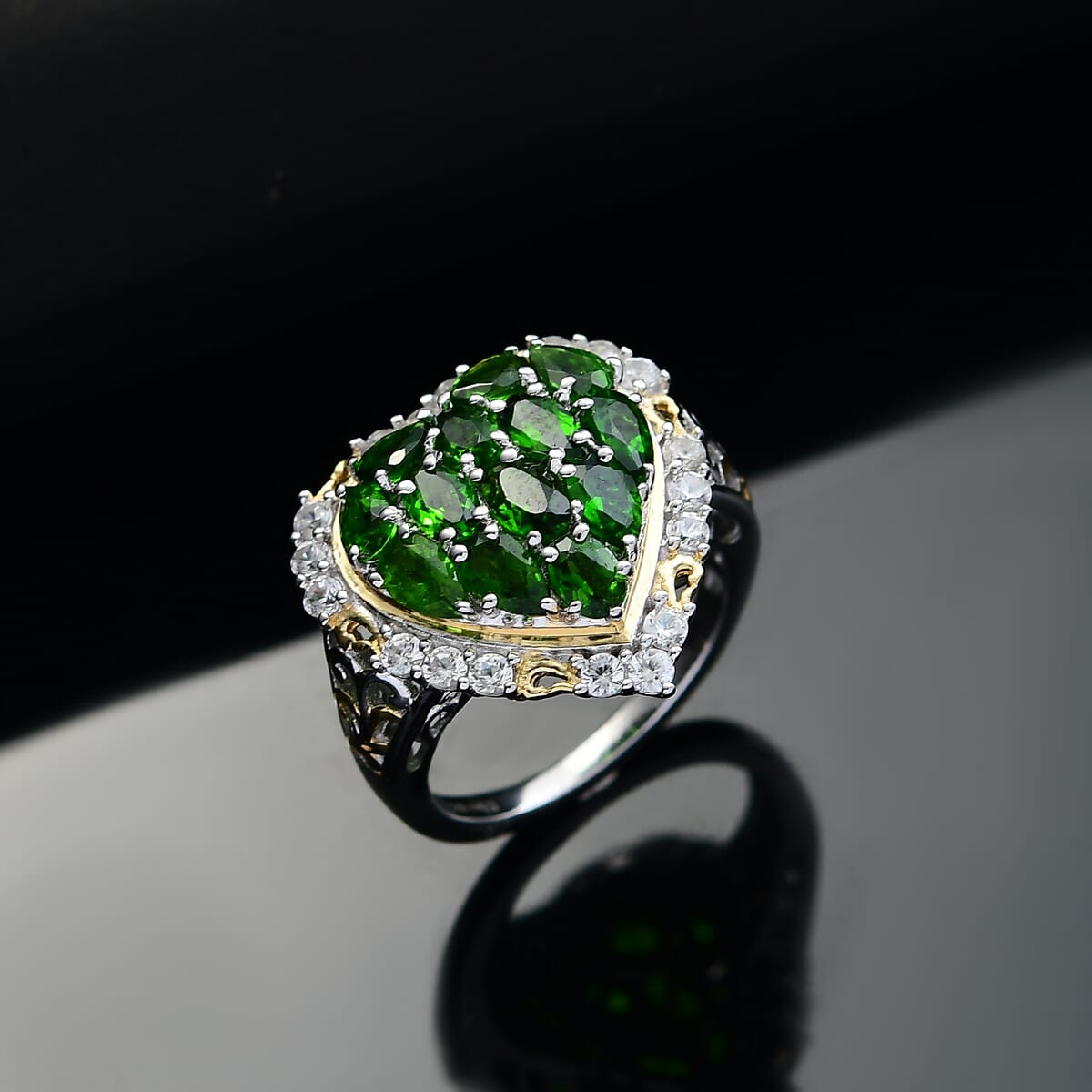 Chrome Diopside and White Zircon 3.70 ctw Heart Ring in 18K Vermeil YG and Rhodium Over Sterling Silver (Size 5.0) image number 1