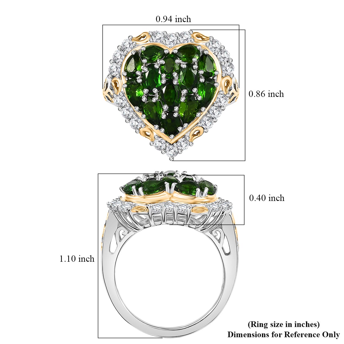 Chrome Diopside and White Zircon 3.70 ctw Heart Ring in 18K Vermeil YG and Rhodium Over Sterling Silver (Size 5.0) image number 5