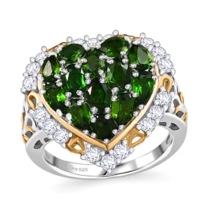 Chrome Diopside and White Zircon 3.70 ctw Heart Ring in 18K Vermeil YG and Rhodium Over Sterling Silver (Size 6.0)
