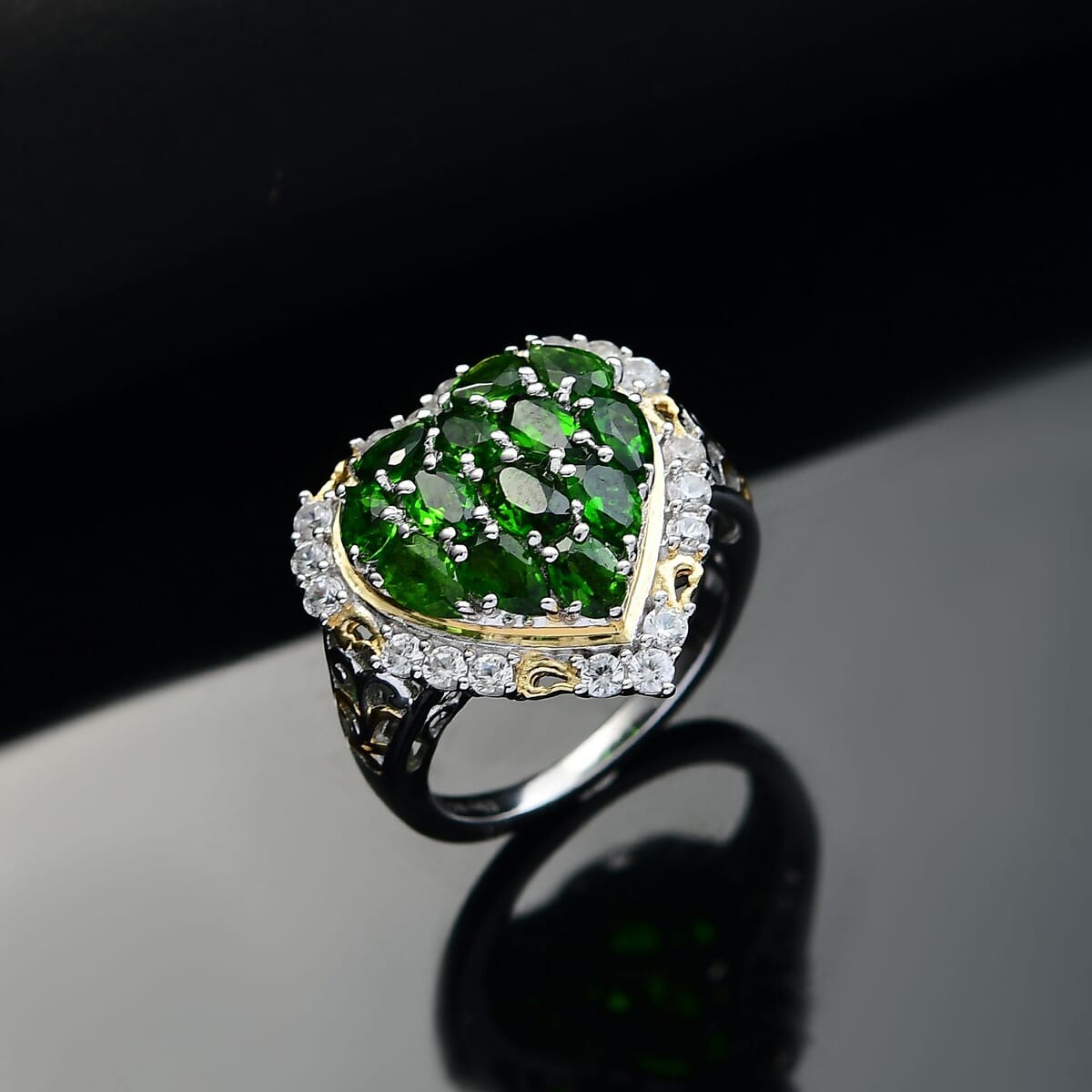 Chrome Diopside and White Zircon 3.70 ctw Heart Ring in 18K Vermeil YG and Rhodium Over Sterling Silver (Size 6.0) image number 1