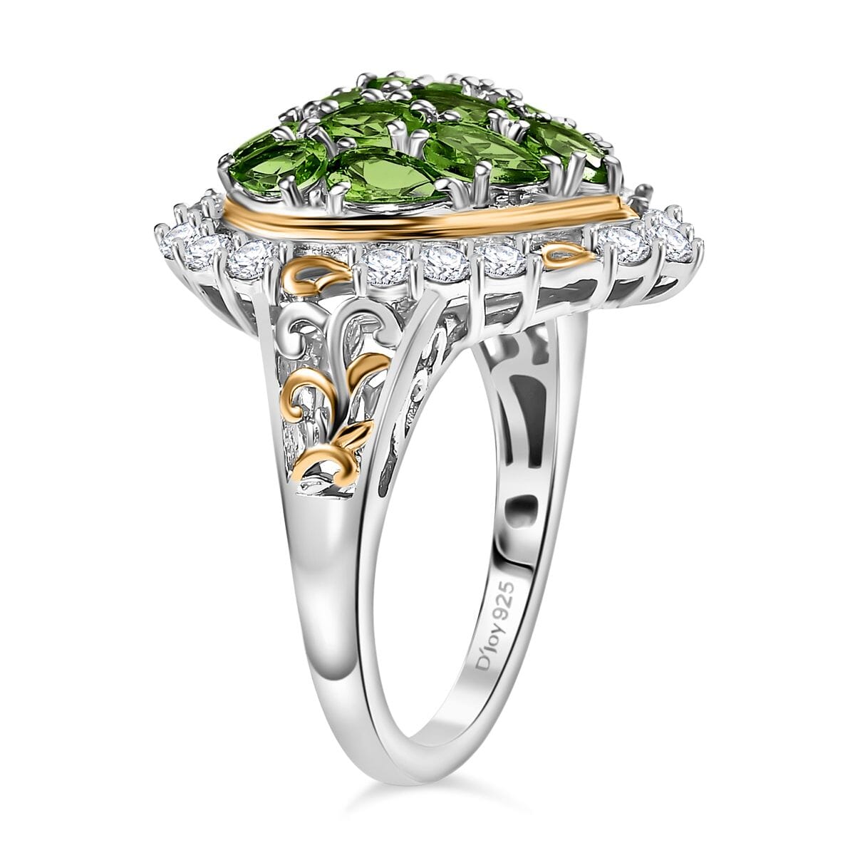 Chrome Diopside and White Zircon 3.70 ctw Heart Ring in 18K Vermeil YG and Rhodium Over Sterling Silver (Size 6.0) image number 3