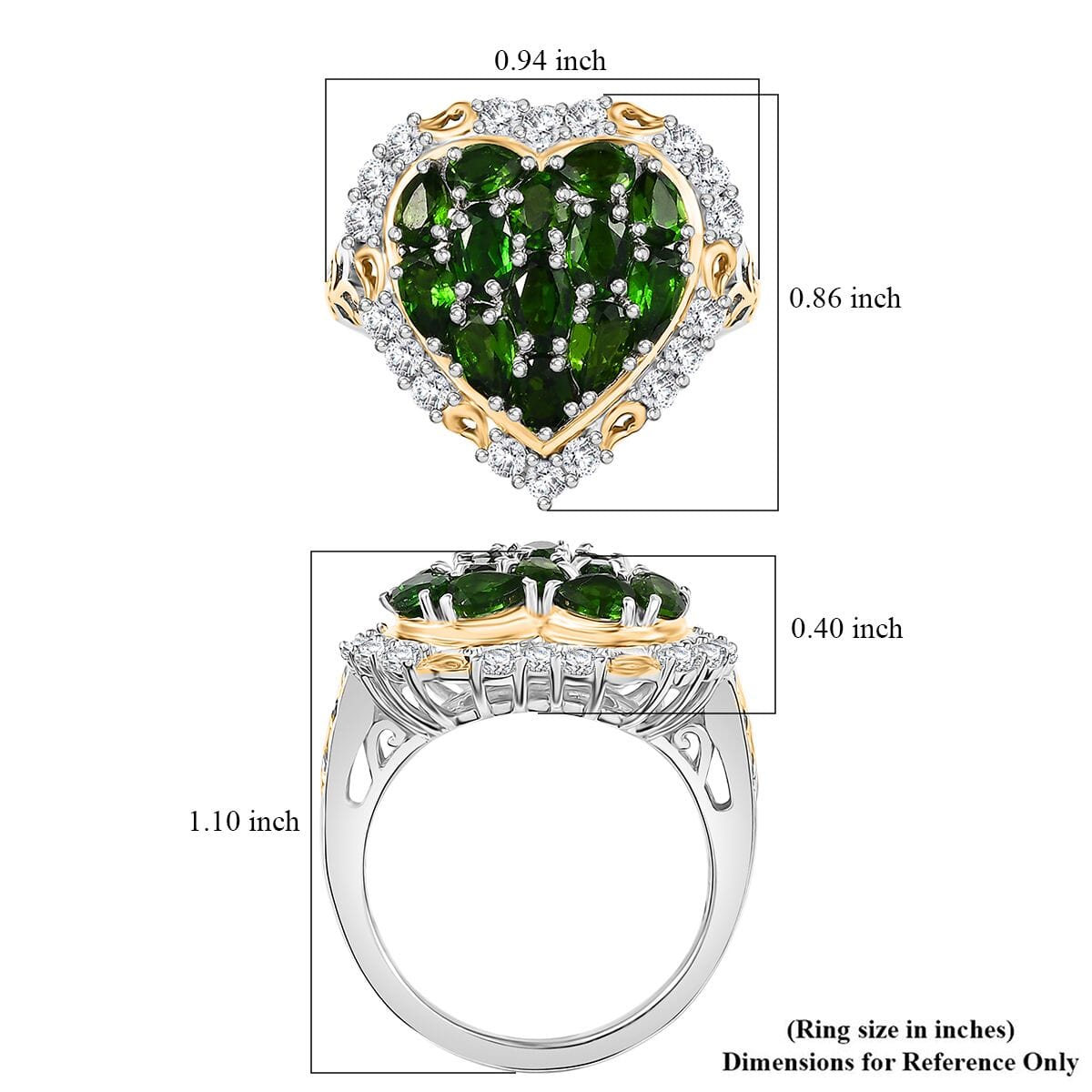 Chrome Diopside and White Zircon 3.70 ctw Heart Ring in 18K Vermeil YG and Rhodium Over Sterling Silver (Size 6.0) image number 5