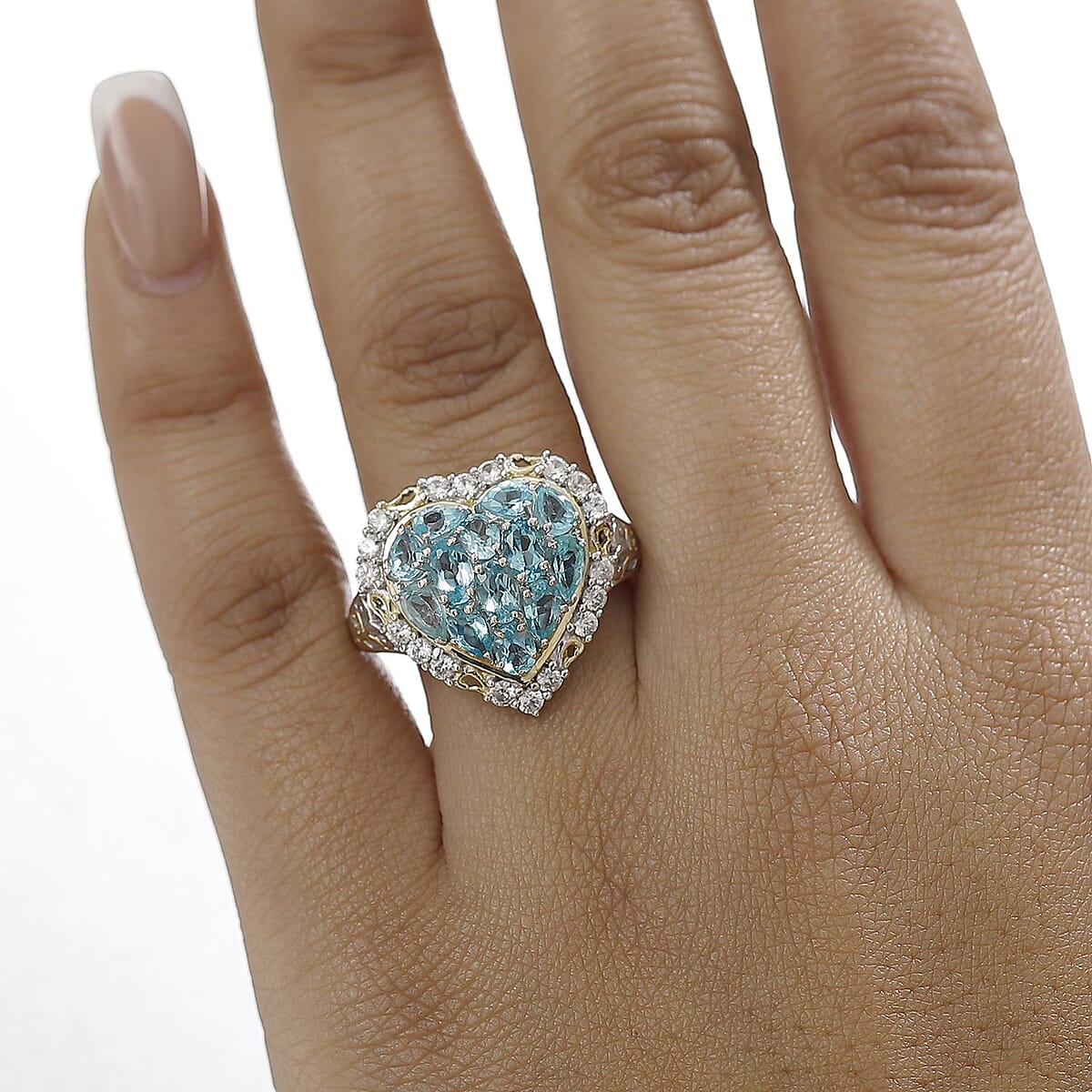 D'Joy Betroka Blue Apatite and White Zircon 3.75 ctw Heart Ring in 18K Vermeil YG and Rhodium Over Sterling Silver (Size 10.0) image number 2
