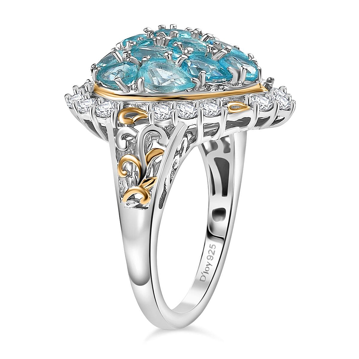 D'Joy Betroka Blue Apatite and White Zircon 3.75 ctw Heart Ring in 18K Vermeil YG and Rhodium Over Sterling Silver (Size 10.0) image number 3
