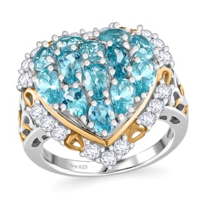 Betroka Blue Apatite and White Zircon 3.75 ctw Heart Ring in 18K Vermeil YG and Rhodium Over Sterling Silver (Size 6.0)