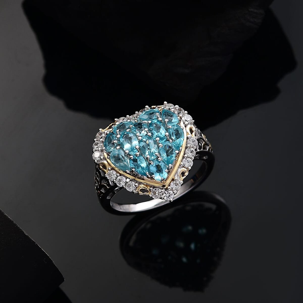 Betroka Blue Apatite and White Zircon 3.75 ctw Heart Ring in 18K Vermeil YG and Rhodium Over Sterling Silver (Size 6.0) image number 1