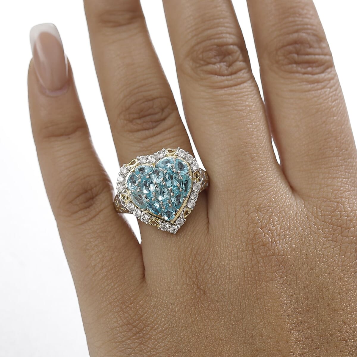 Betroka Blue Apatite and White Zircon 3.75 ctw Heart Ring in 18K Vermeil YG and Rhodium Over Sterling Silver (Size 6.0) image number 2