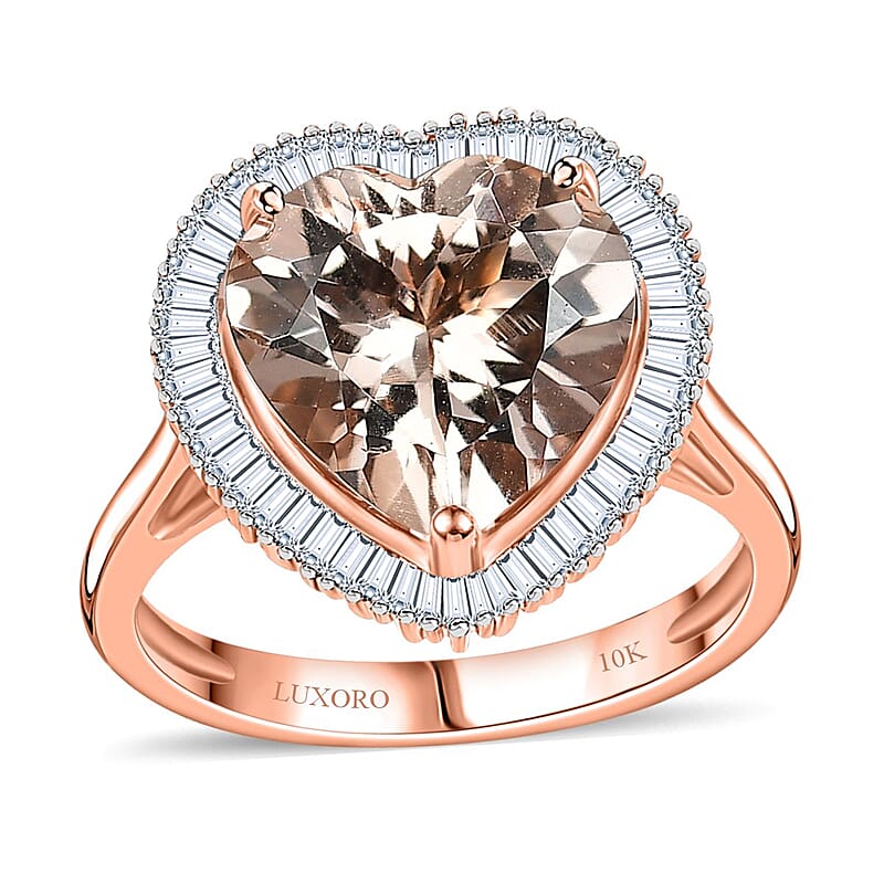 Luxoro AAA Marropino Morganite, Diamond G-H I2 3.33 ctw Heart Ring in 10K Rose Gold (Size  7.0)
