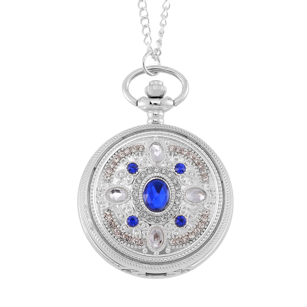Strada Blue Glass, Yellow and Blue Crystal Japanese Movement Caring Pattern Pocket Watch with Chain in Silvertone (31 Inches) image number 0