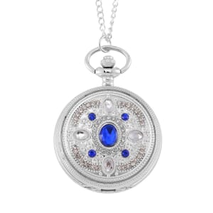 Strada Blue Glass, Yellow and Blue Crystal Japanese Movement Caring Pattern Pocket Watch with Chain in Silvertone (31 Inches)