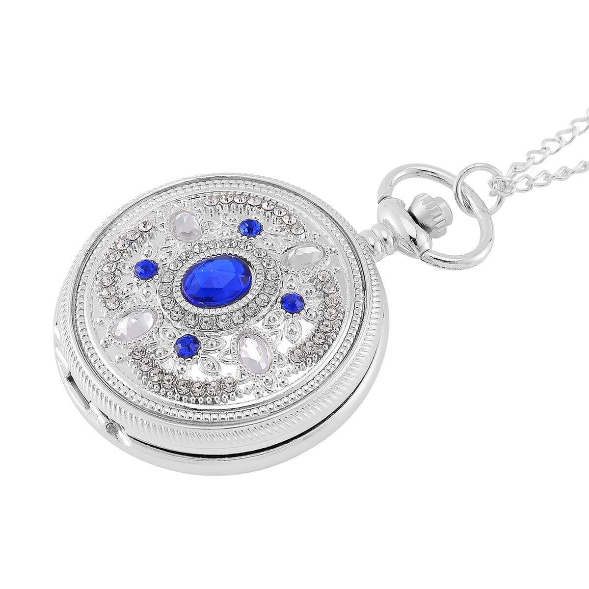 Strada Blue Glass, Yellow and Blue Crystal Japanese Movement Caring Pattern Pocket Watch with Chain in Silvertone (31 Inches) image number 2