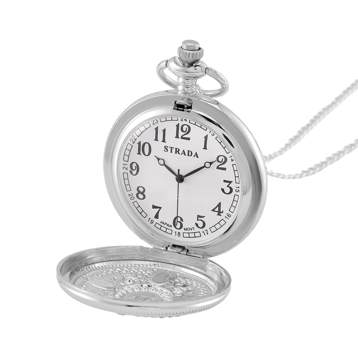 Strada Blue Glass, Yellow and Blue Crystal Japanese Movement Caring Pattern Pocket Watch with Chain in Silvertone (31 Inches) image number 3