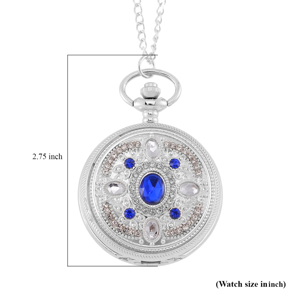Strada Blue Glass, Yellow and Blue Crystal Japanese Movement Caring Pattern Pocket Watch with Chain in Silvertone (31 Inches) image number 7