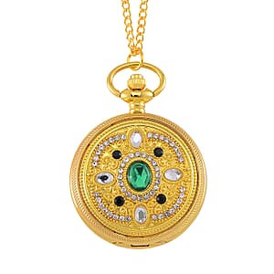 Value Buy Strada Green Glass, Green and Blue Crystal Japanese Movement Caring Pattern Pocket Watch with Chain in Goldtone (31 Inches)