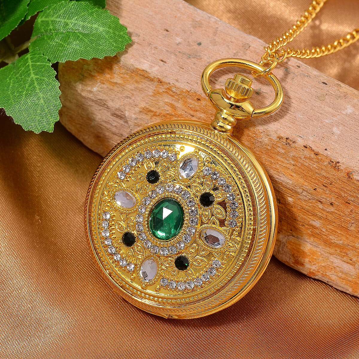 Strada Green Glass, Green and Blue Crystal Japanese Movement Caring Pattern Pocket Watch with Chain in Goldtone (31 Inches) image number 1