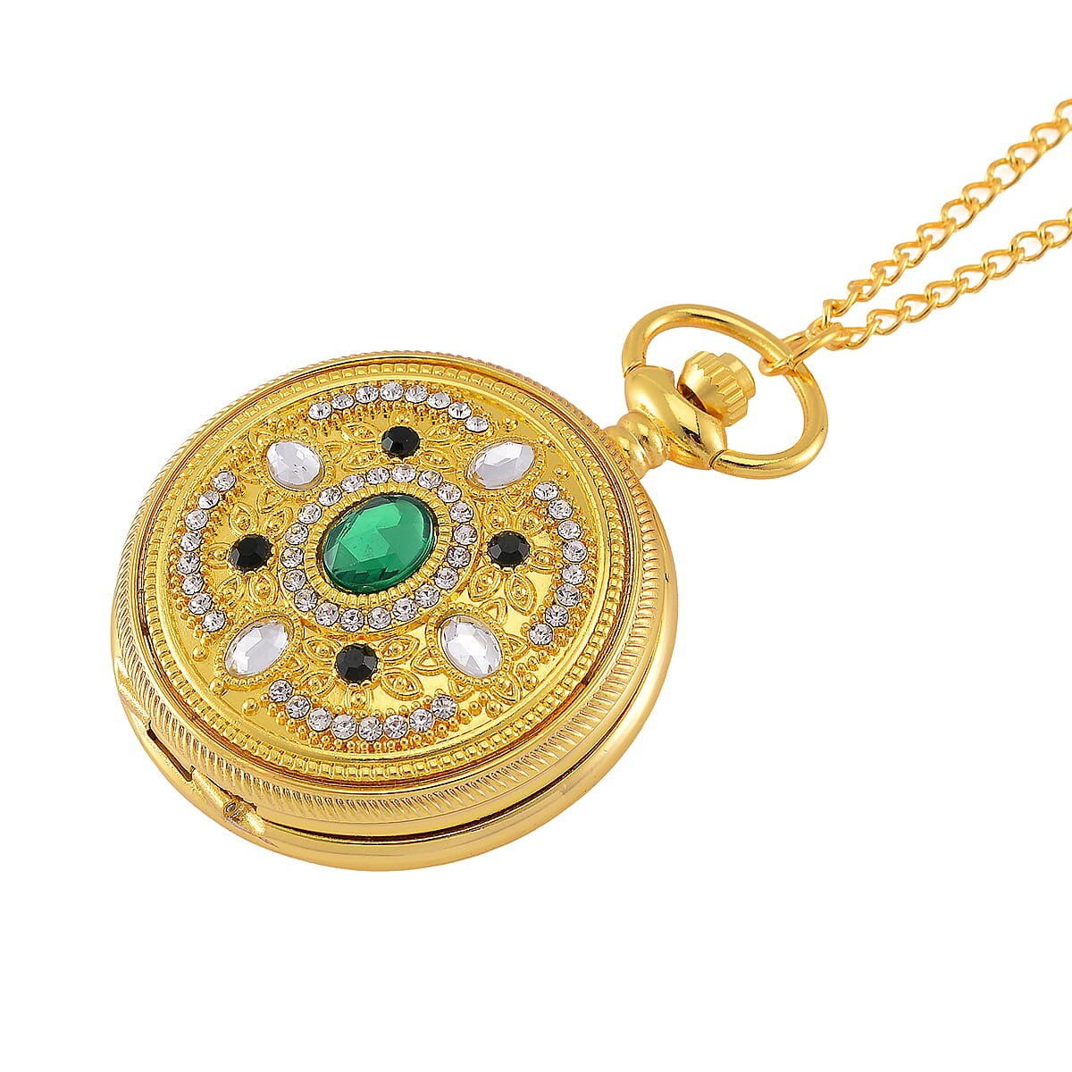 Strada Green Glass, Green and Blue Crystal Japanese Movement Caring Pattern Pocket Watch with Chain in Goldtone (31 Inches) image number 2
