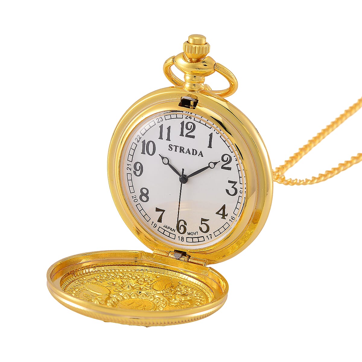 Strada Green Glass, Green and Blue Crystal Japanese Movement Caring Pattern Pocket Watch with Chain in Goldtone (31 Inches) image number 3