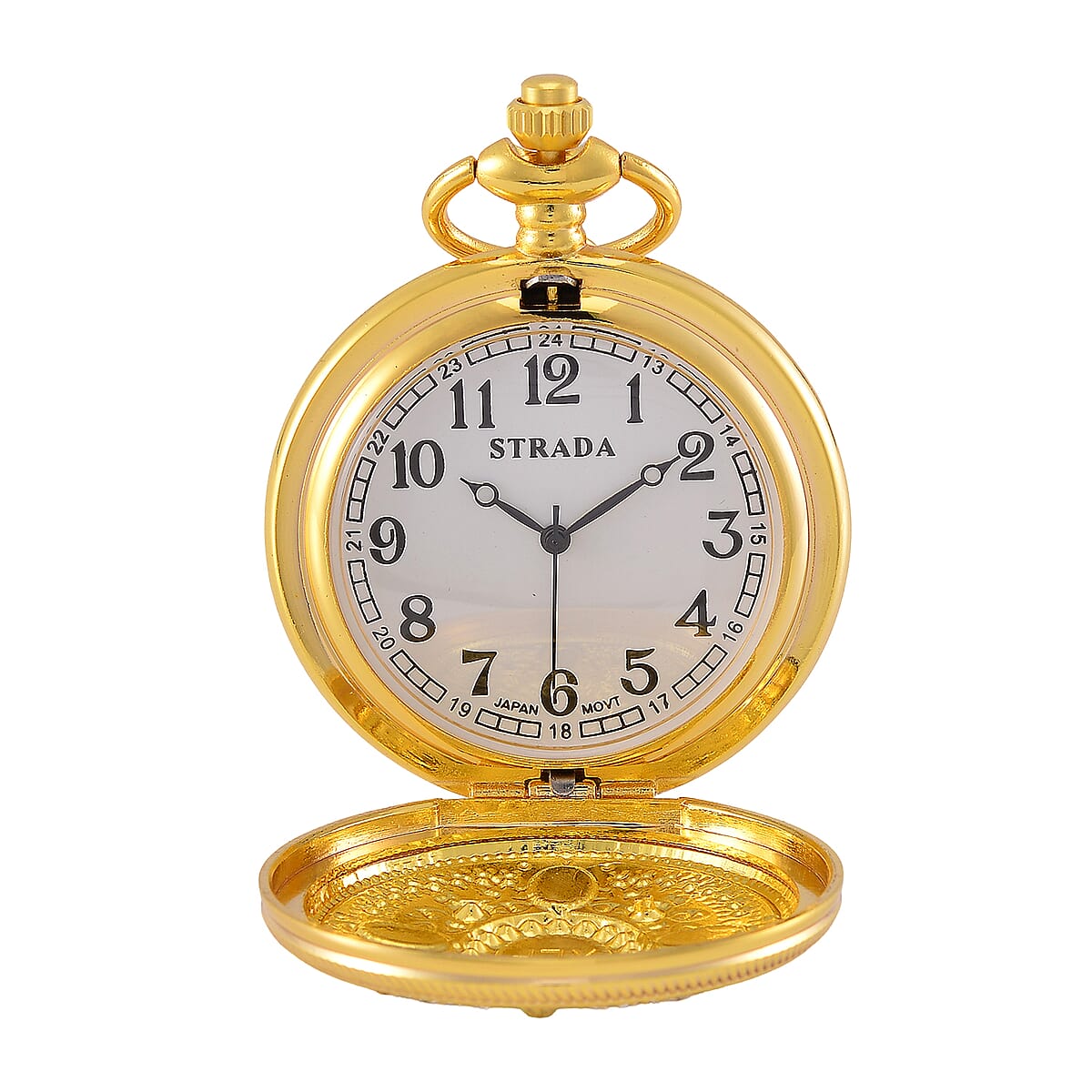 Strada Green Glass, Green and Blue Crystal Japanese Movement Caring Pattern Pocket Watch with Chain in Goldtone (31 Inches) image number 4