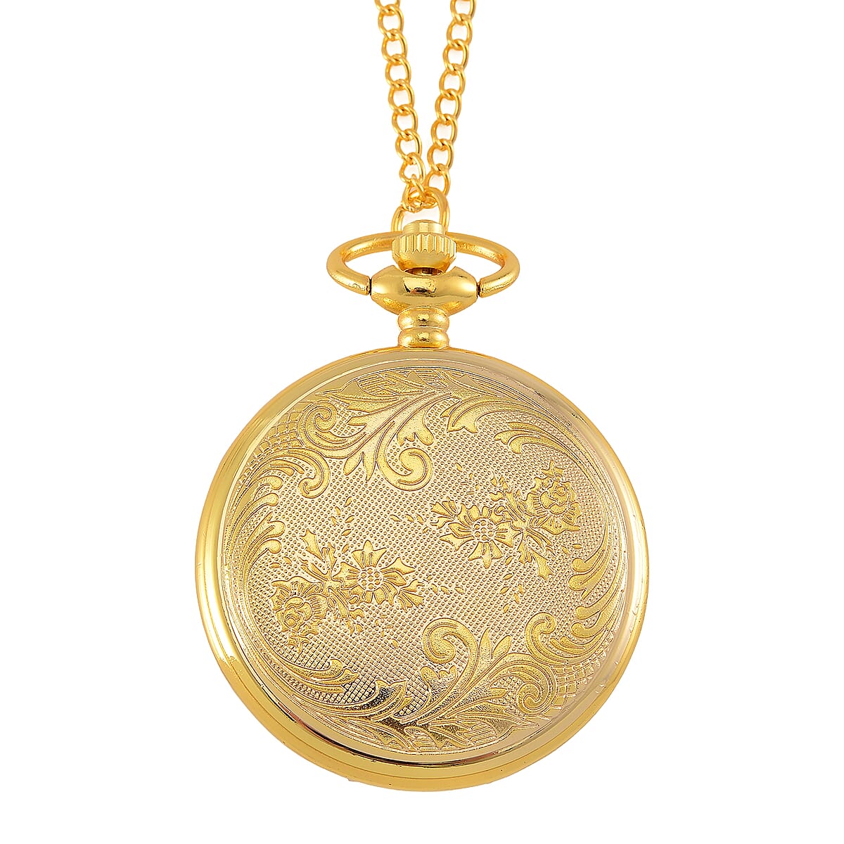 Strada Green Glass, Green and Blue Crystal Japanese Movement Caring Pattern Pocket Watch with Chain in Goldtone (31 Inches) image number 5