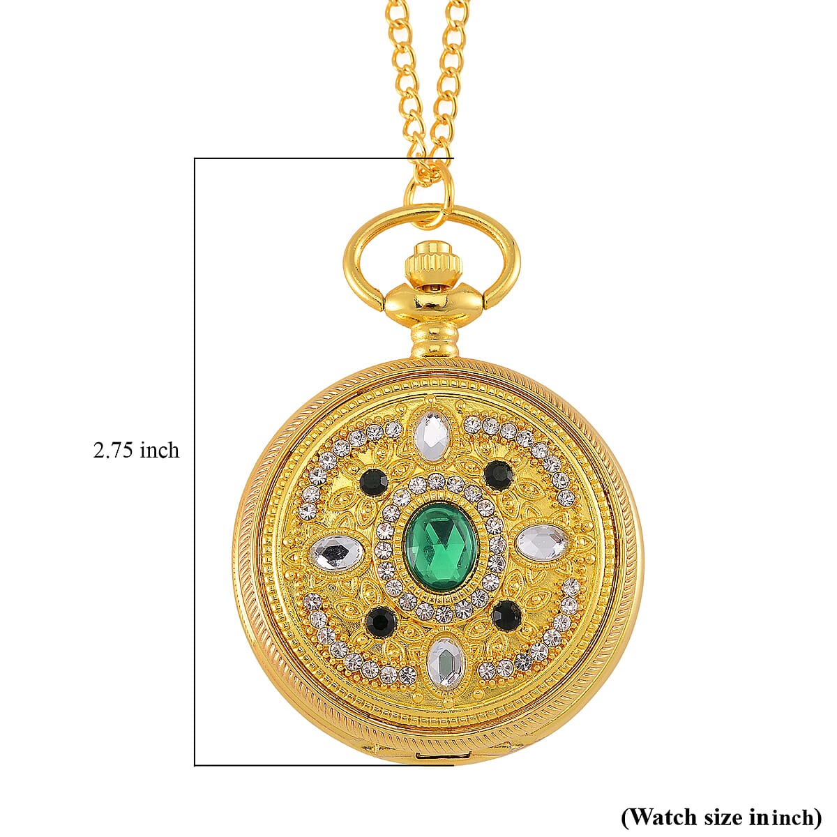 Strada Green Glass, Green and Blue Crystal Japanese Movement Caring Pattern Pocket Watch with Chain in Goldtone (31 Inches) image number 7
