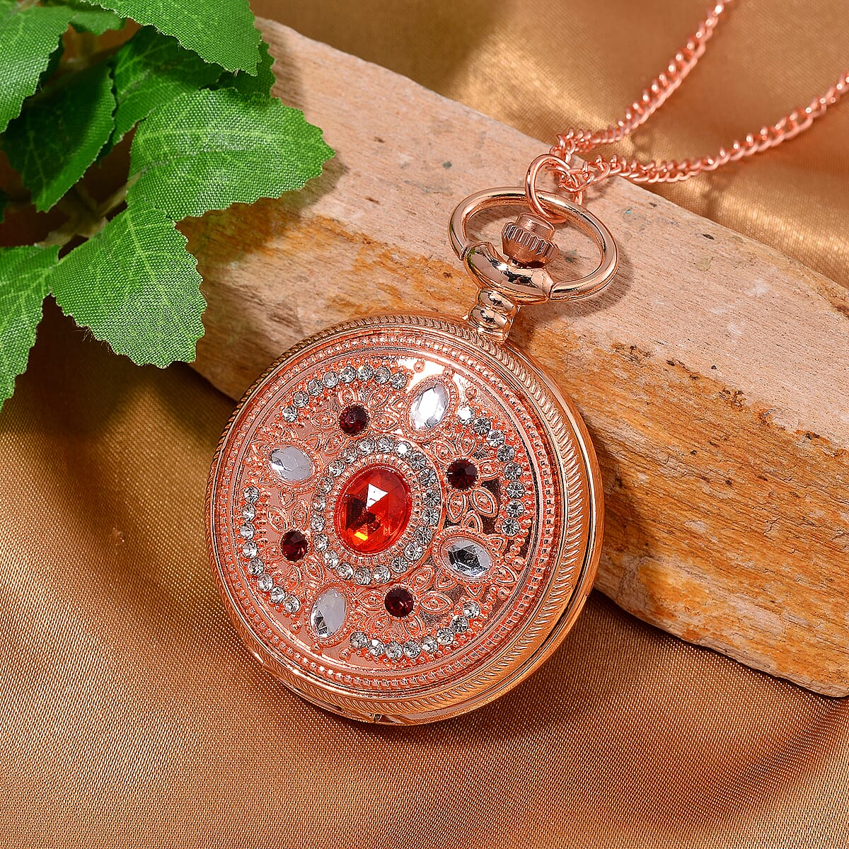 Strada Red Glass, Red and Blue Crystal Japanese Movement Caring Pattern Pocket Watch with Chain in Rosetone (31 Inches) image number 1