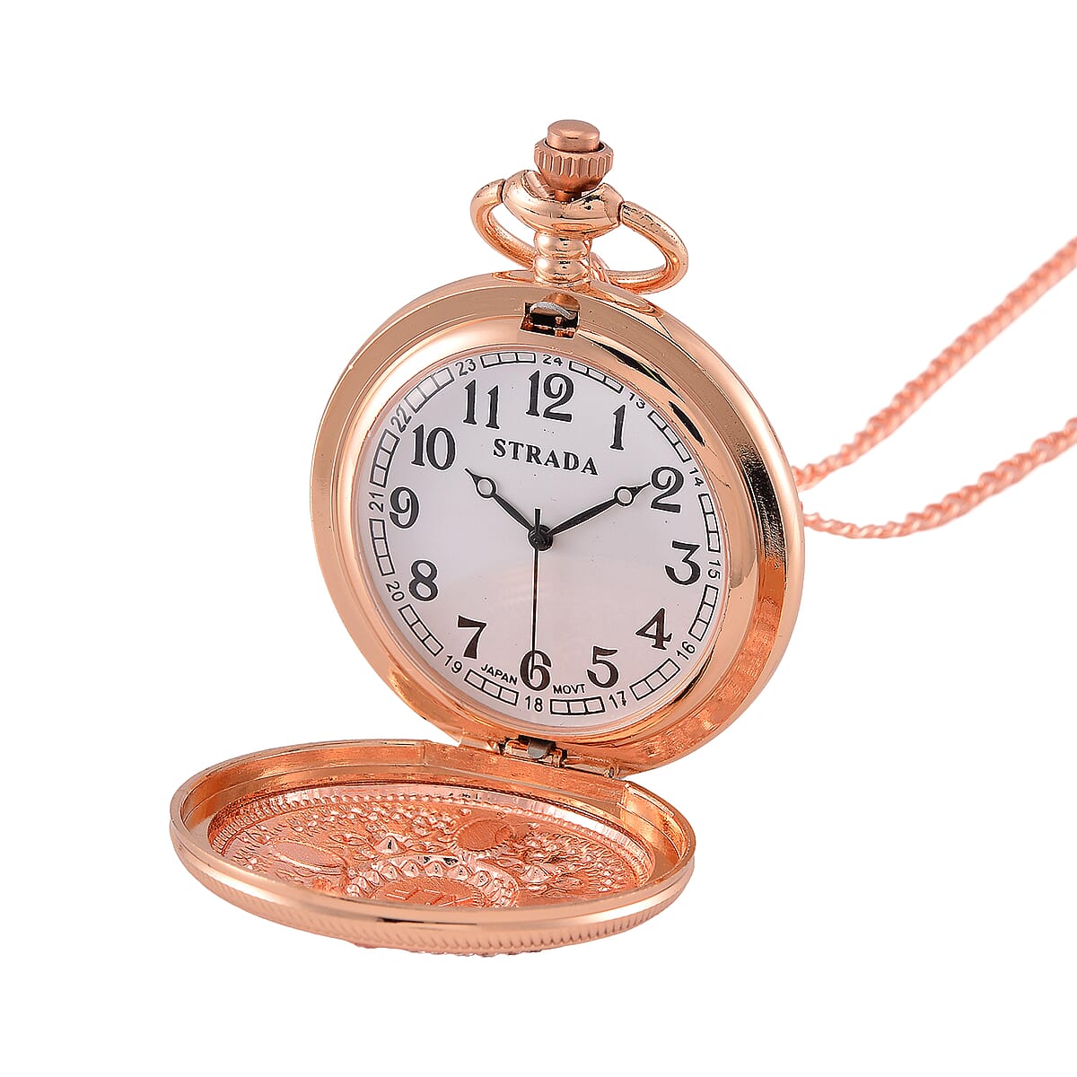 Strada Red Glass, Red and Blue Crystal Japanese Movement Caring Pattern Pocket Watch with Chain in Rosetone (31 Inches) image number 3